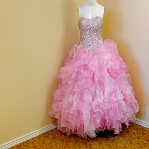 Pink Strapless Ball Gown with Ruffled Skirt Size Small
